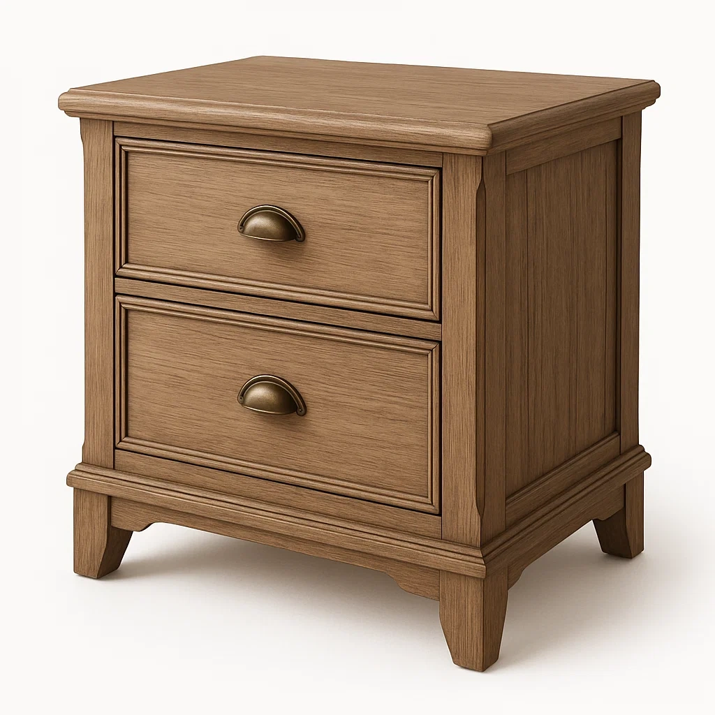 Comodino in legno massello con due cassetti e maniglie in metallo 45×35×55 cm