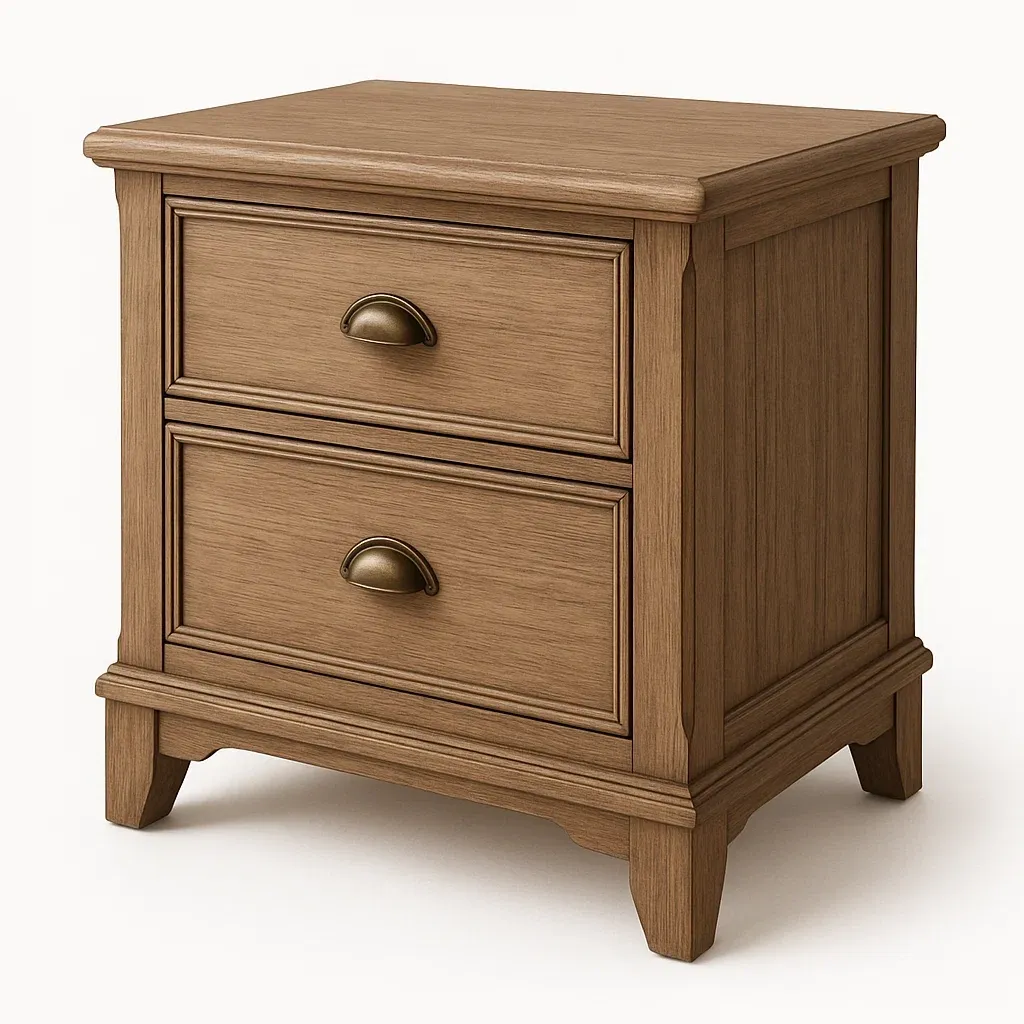 Comodino in legno massello con due cassetti e maniglie in metallo 45×35×55 cm