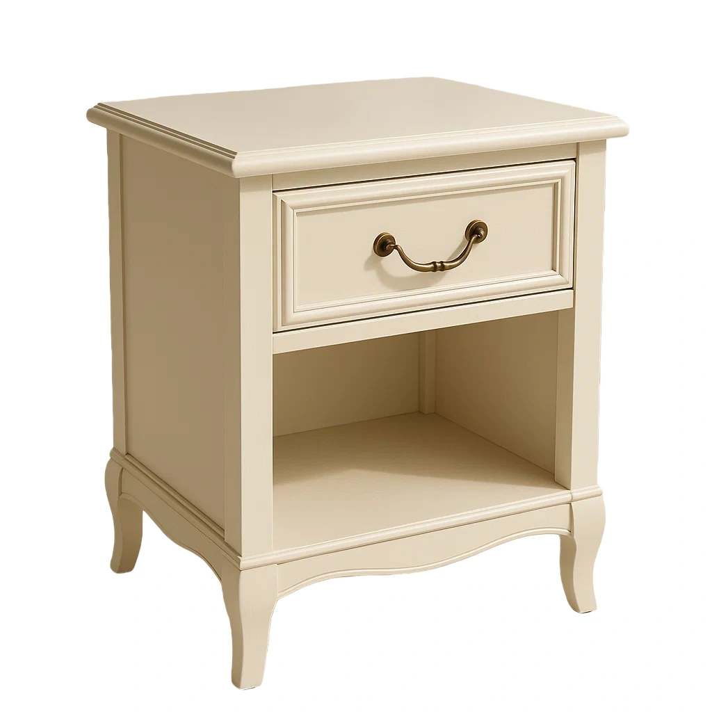 Comodino in legno MDF crema con un cassetto e uno scomparto