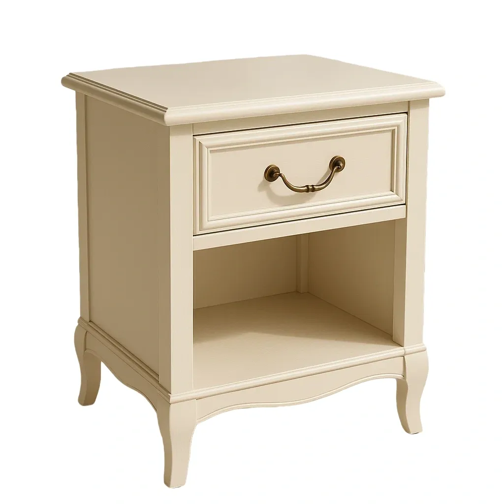 Comodino in legno MDF crema con un cassetto e uno scomparto