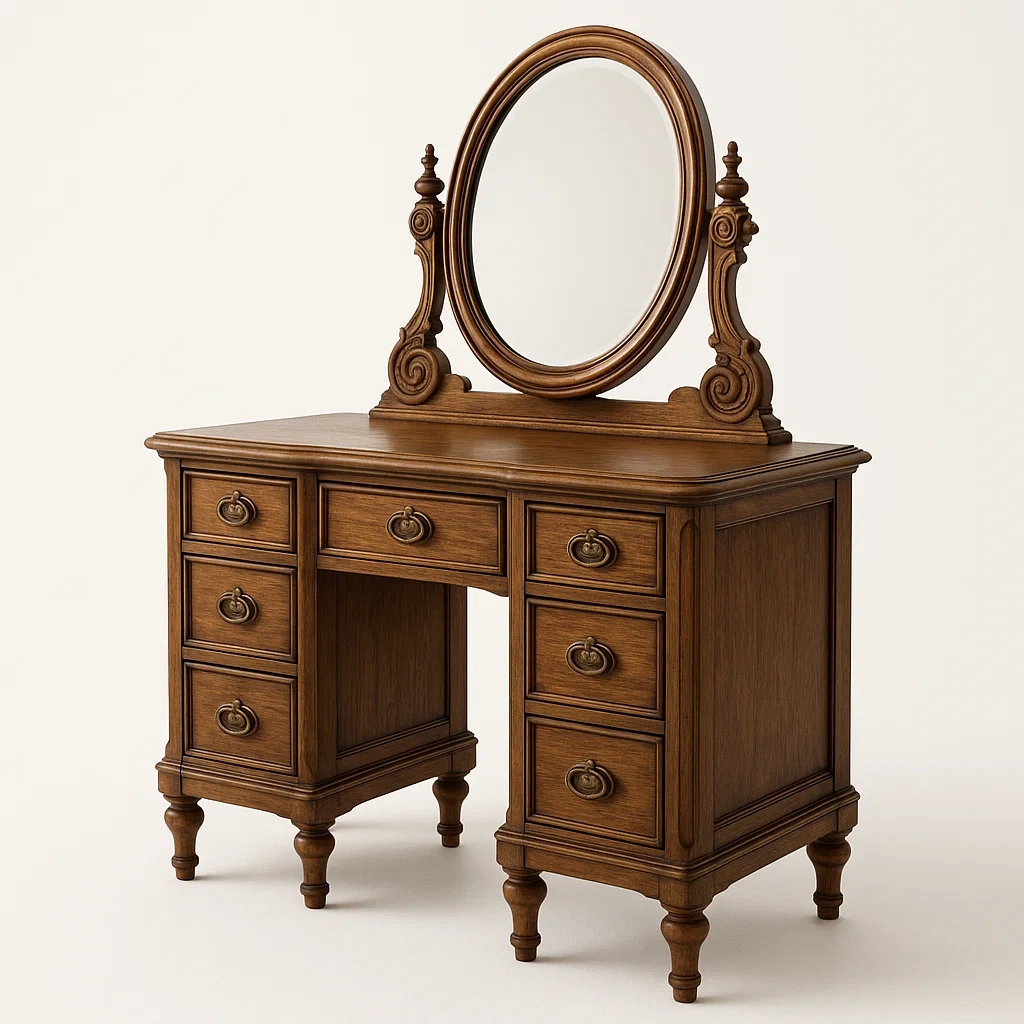 Tavolo trucco in legno massello con specchio ovale e cassetti
