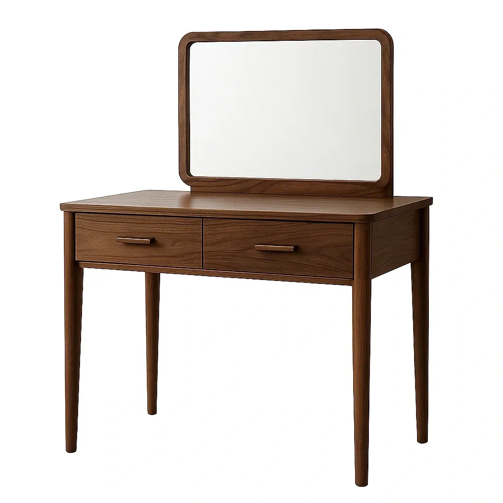 Tavolo trucco in legno con specchio rettangolare e due cassetti marrone