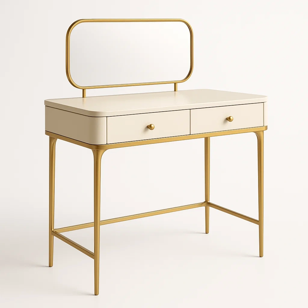 Tavolo trucco con specchio in metallo e vetro crema