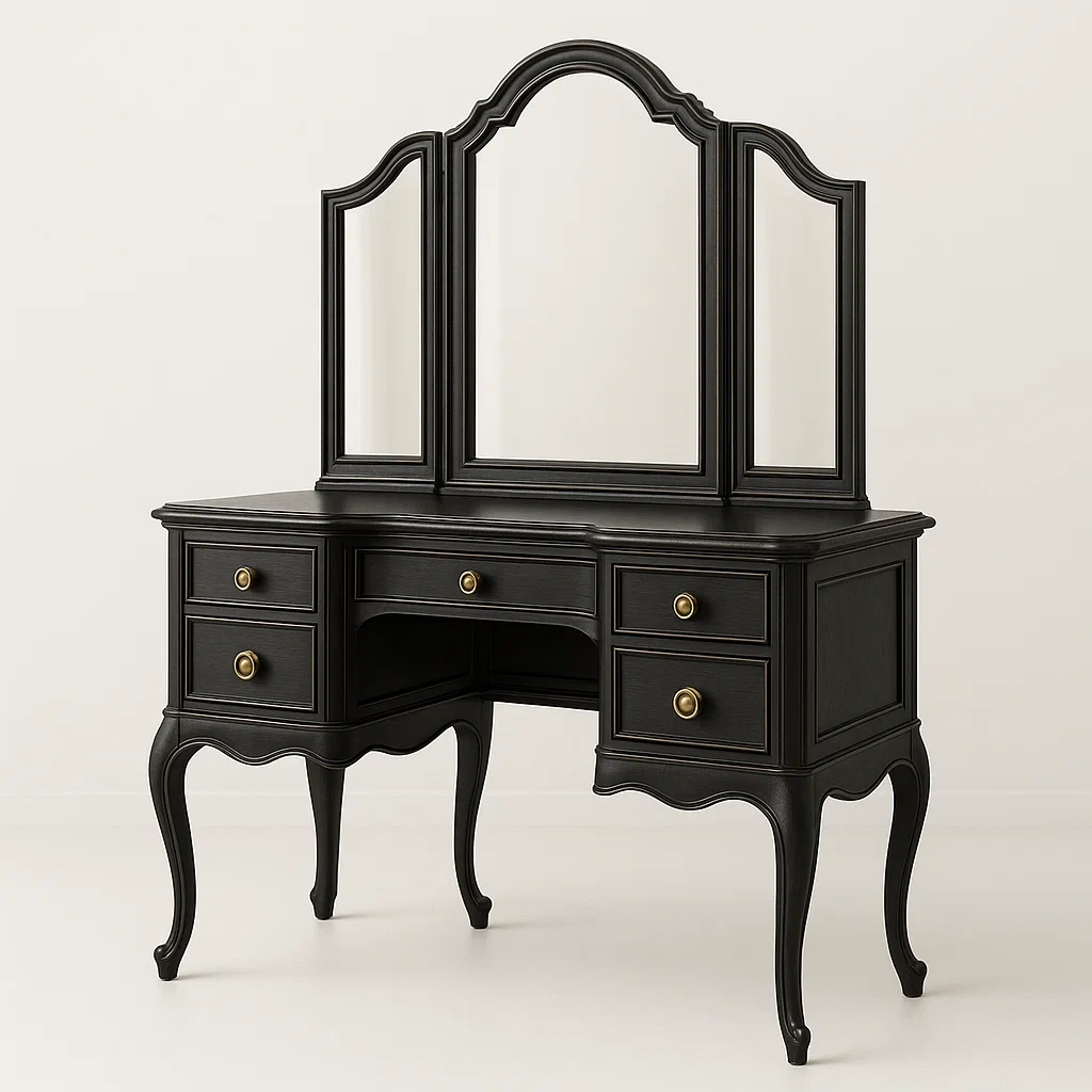Tavolo trucco in legno nero con specchio triplo e cassetti