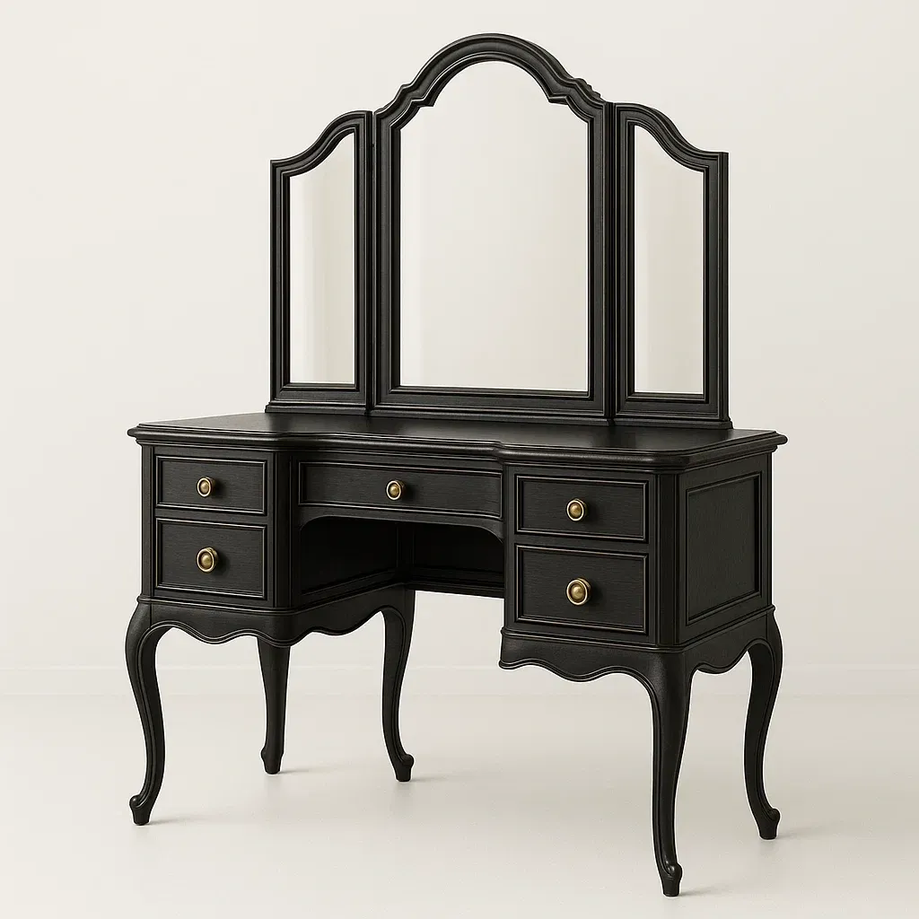 Tavolo trucco in legno nero con specchio triplo e cassetti