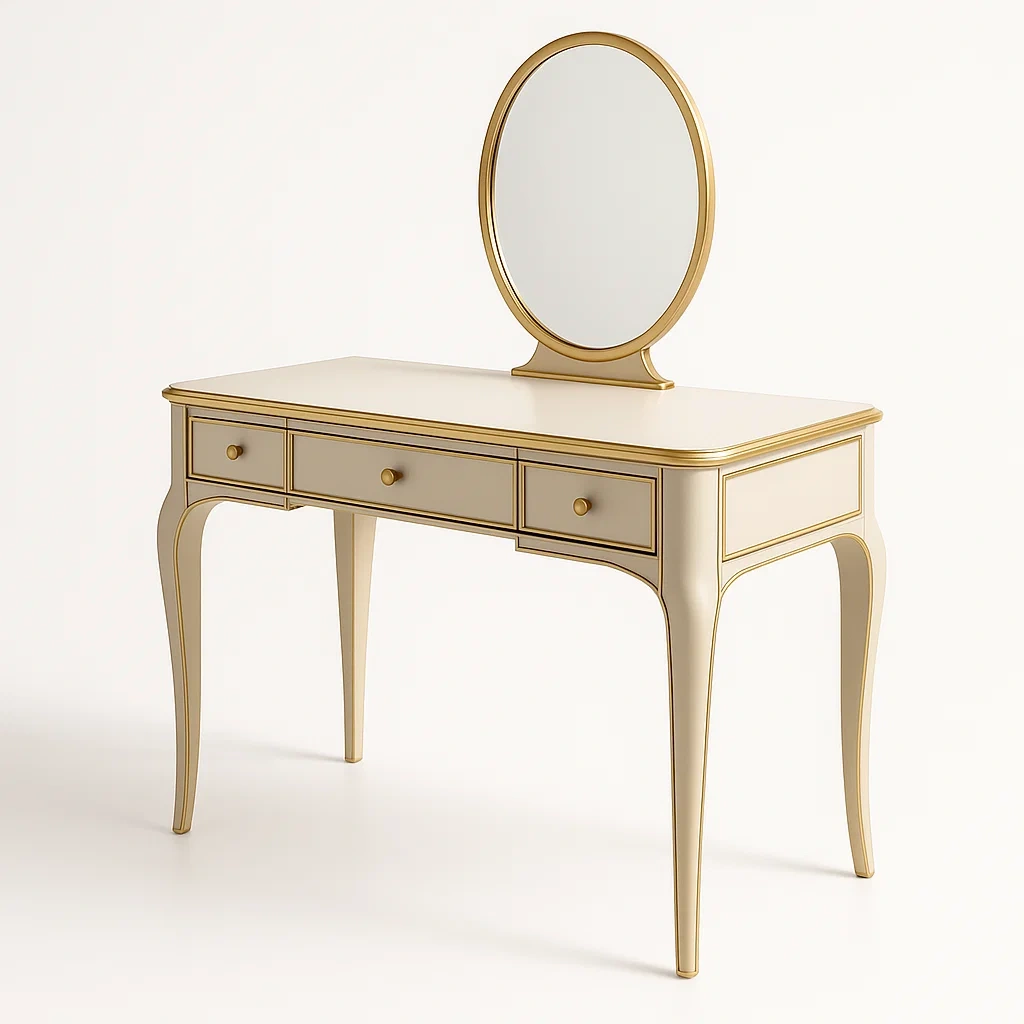 Tavolo trucco con specchio ovale in legno beige e dettagli dorati