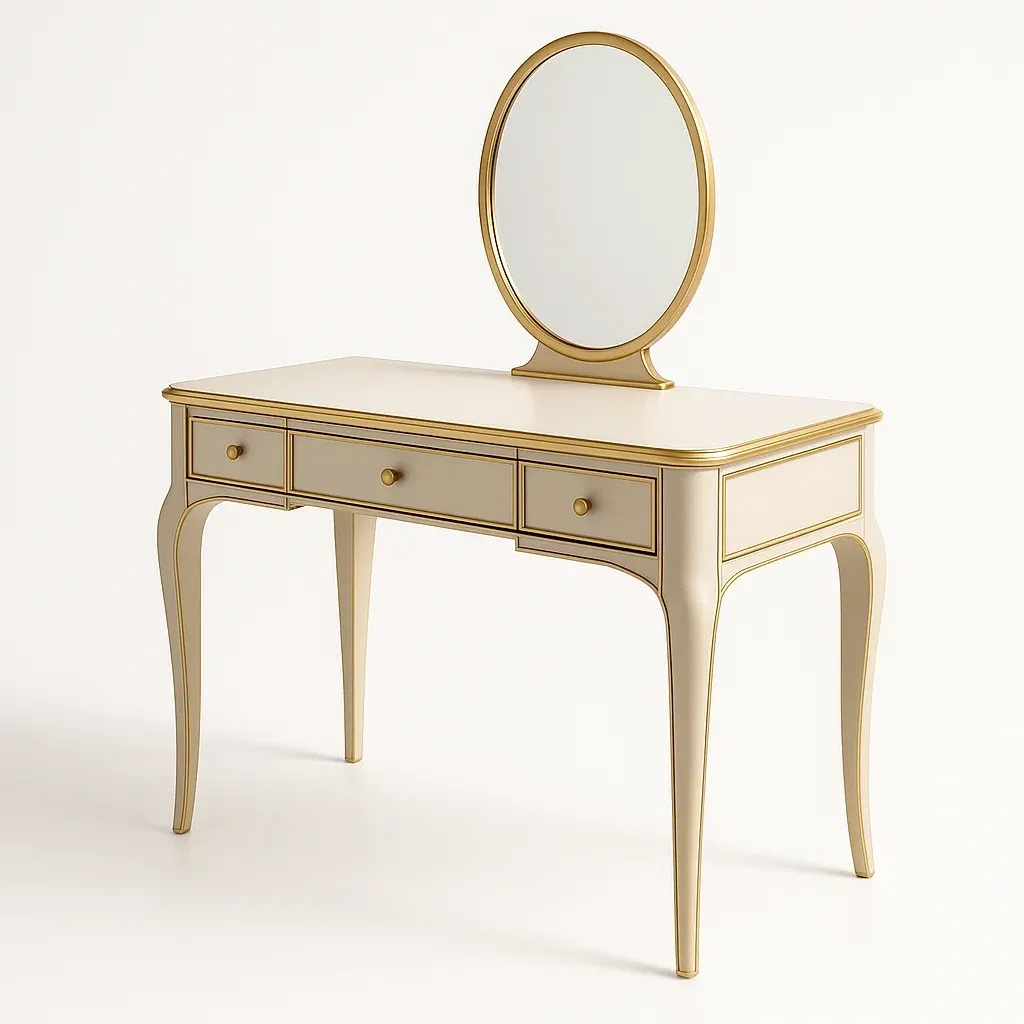 Tavolo trucco con specchio ovale in legno beige e dettagli dorati