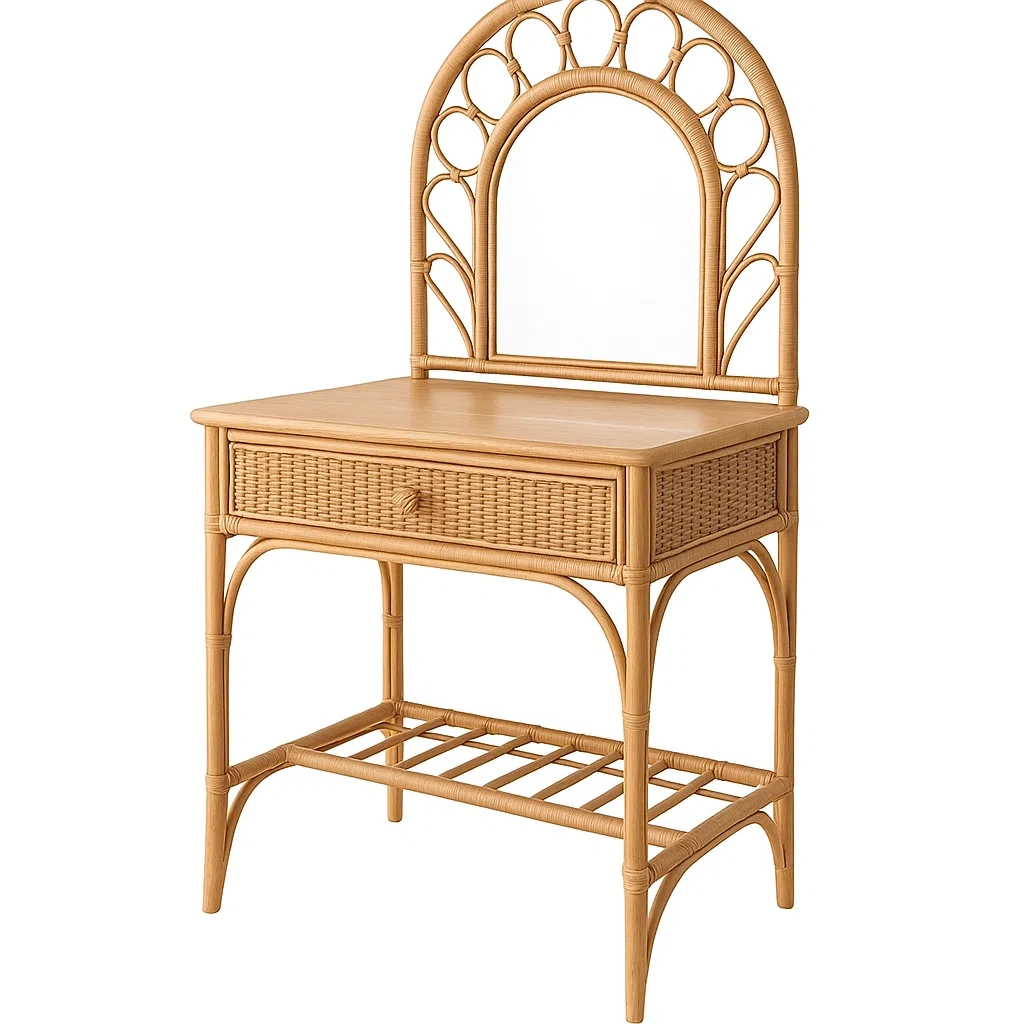 Tavolo trucco in rattan con specchio e ripiano