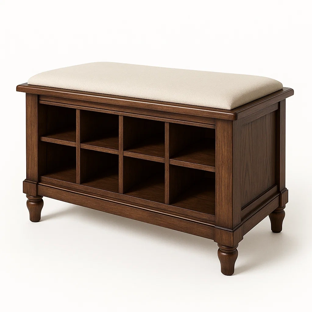 Panca da ingresso in legno con cuscino in lino beige e otto scomparti