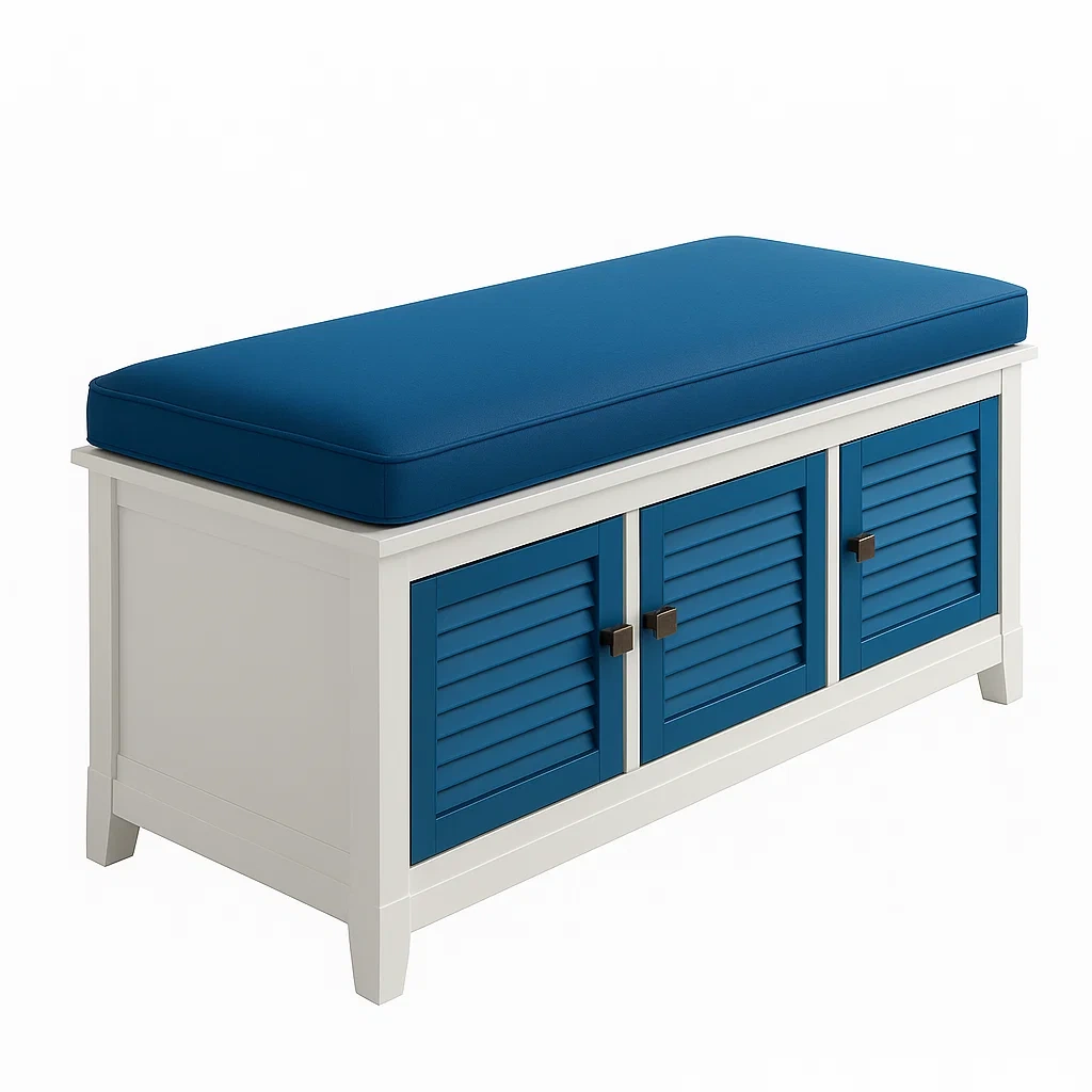 Panca da ingresso in legno con cuscino in tessuto bianco e blu, 120 × 40 × 50 cm