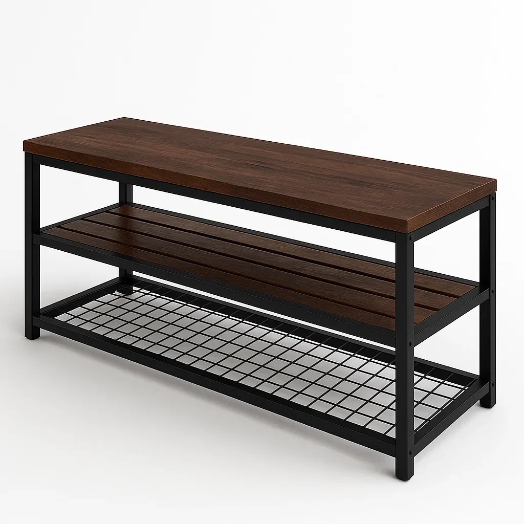 Panca da ingresso in legno e metallo marrone scuro con struttura nera