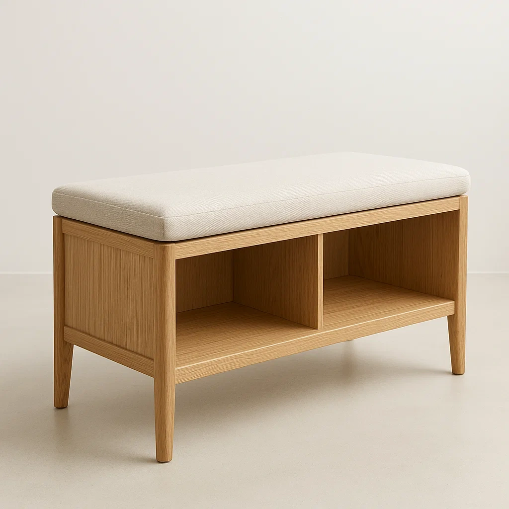Panca da ingresso in legno di quercia con imbottitura in tessuto crema