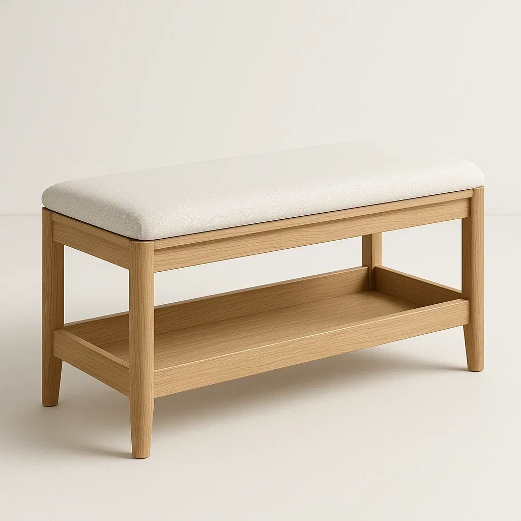 Panca da ingresso in legno con rivestimento in tessuto bianco