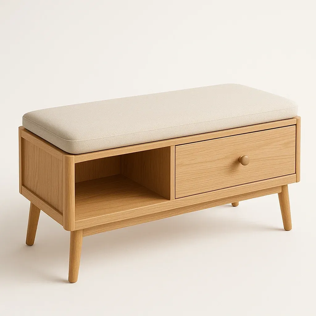 Panca da ingresso in legno massello con cuscino in poliestere beige