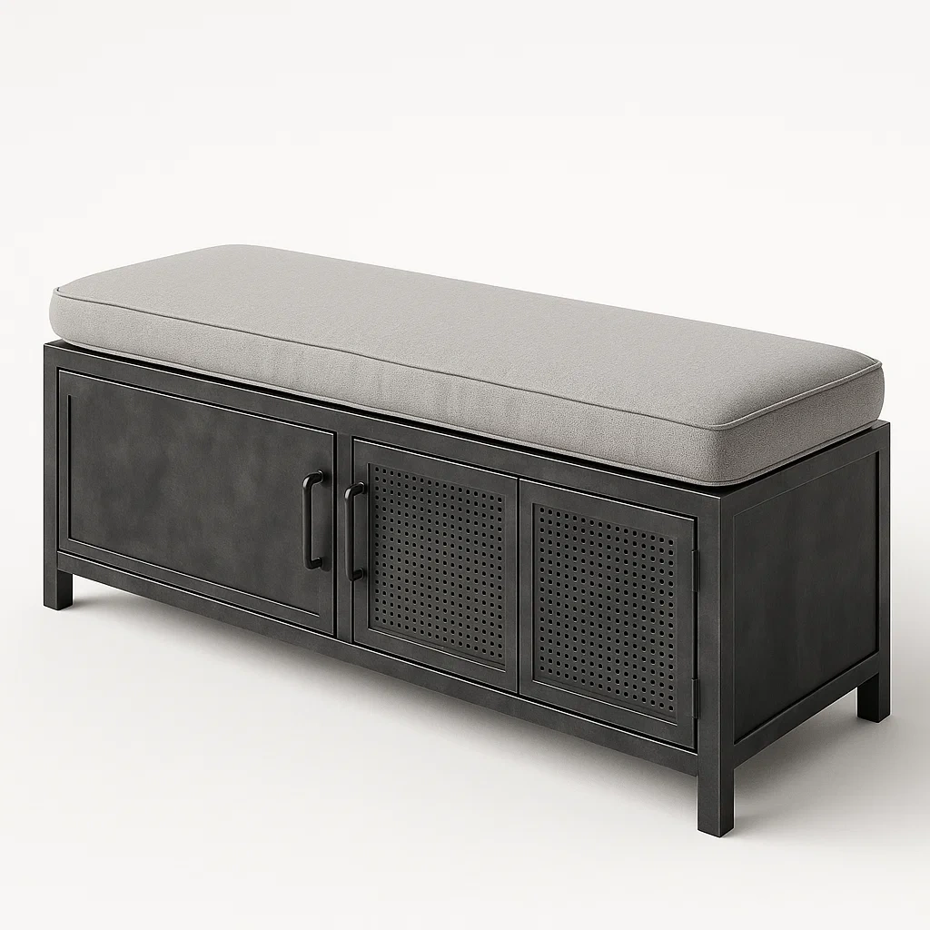 Panca da ingresso in metallo nero con cuscino in tessuto grigio