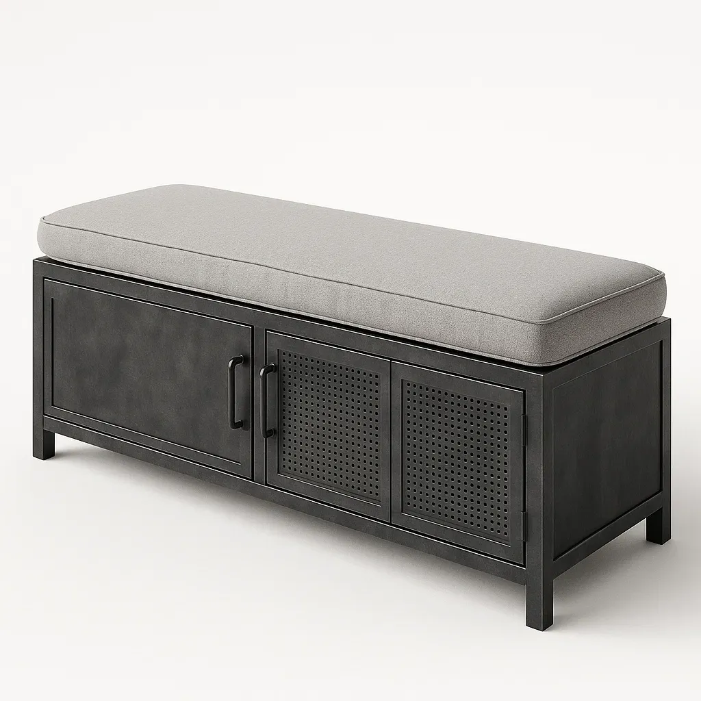 Panca da ingresso in metallo nero con cuscino in tessuto grigio