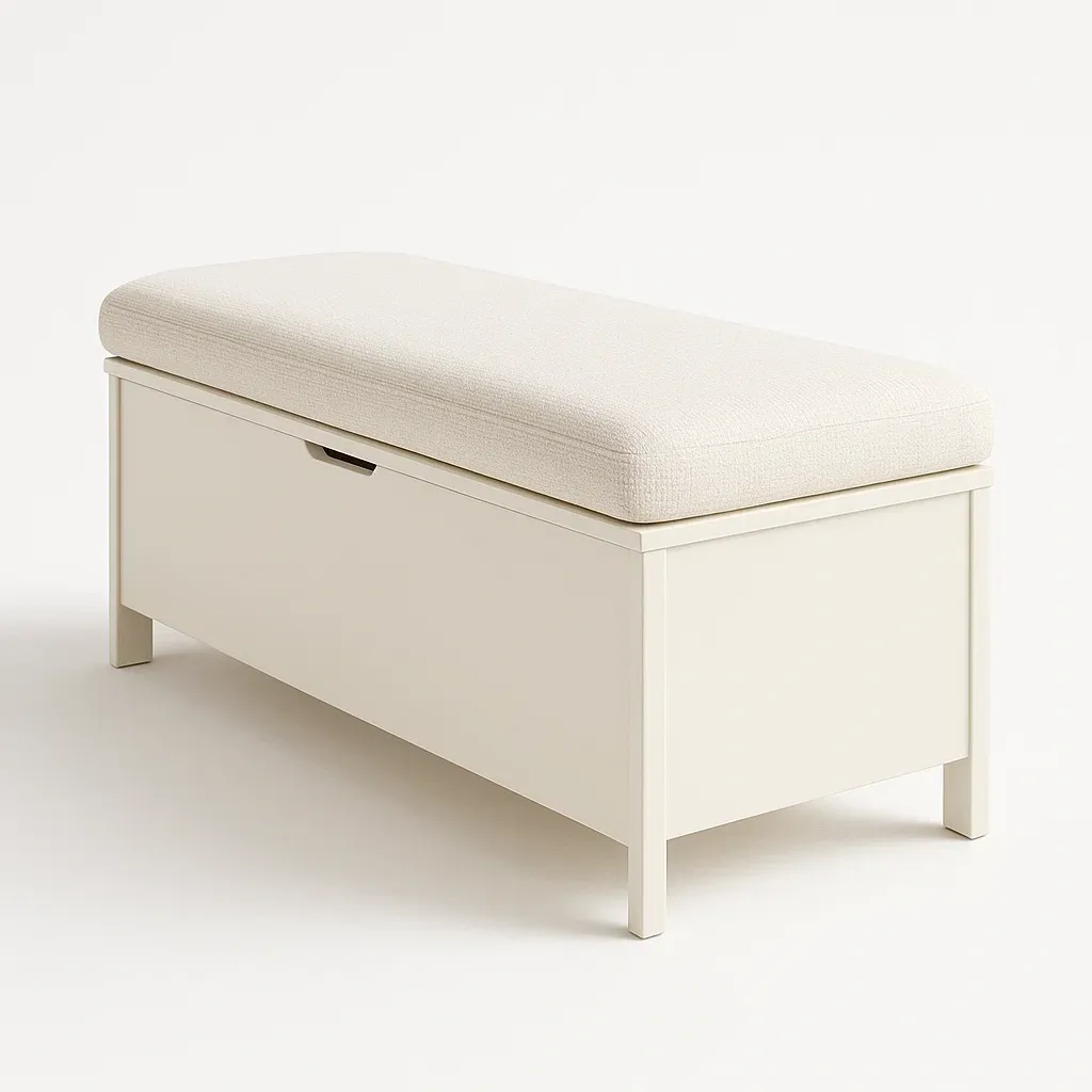 Panca da ingresso in legno MDF con seduta imbottita in tessuto crema