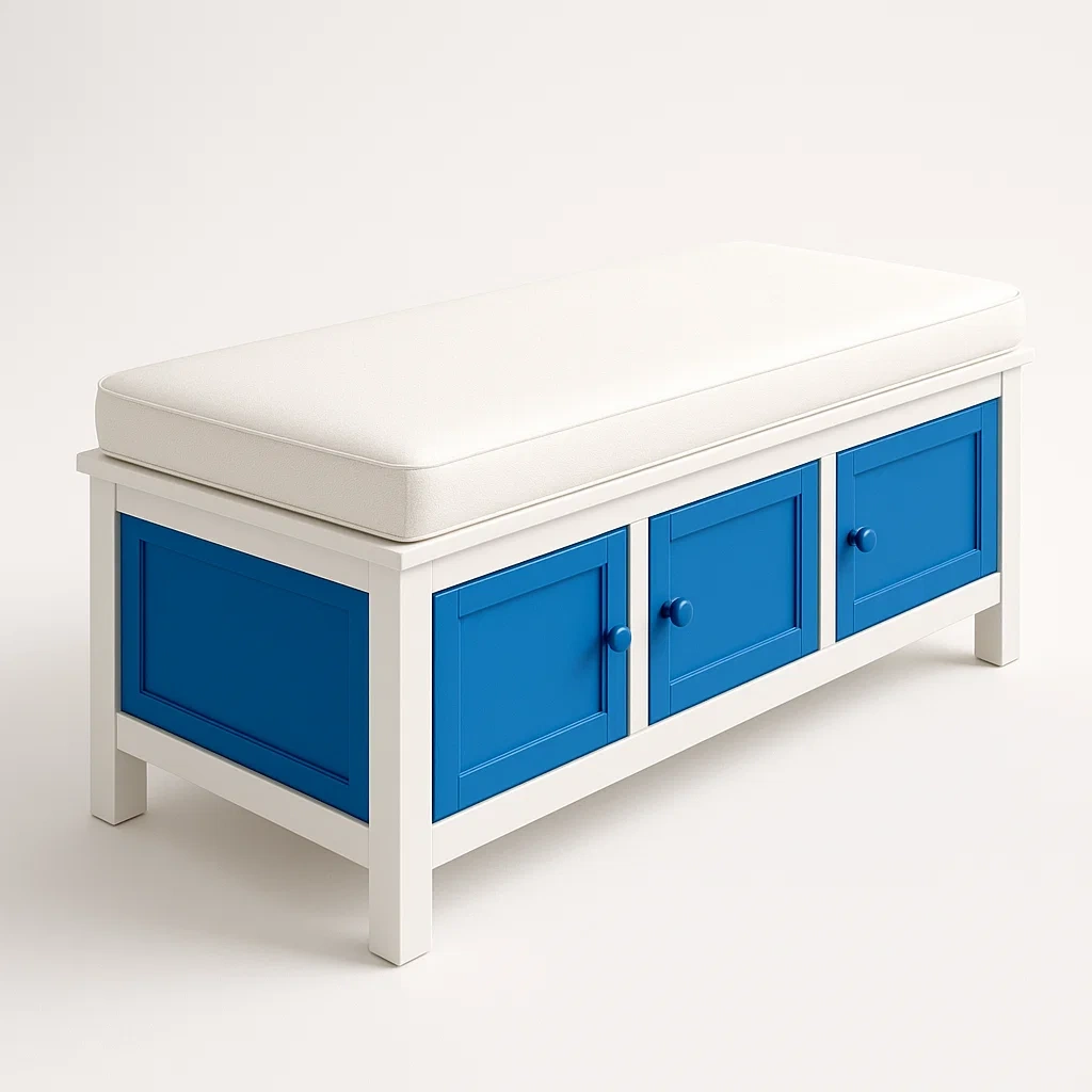 Panca da ingresso in legno bianco e blu con cuscino removibile