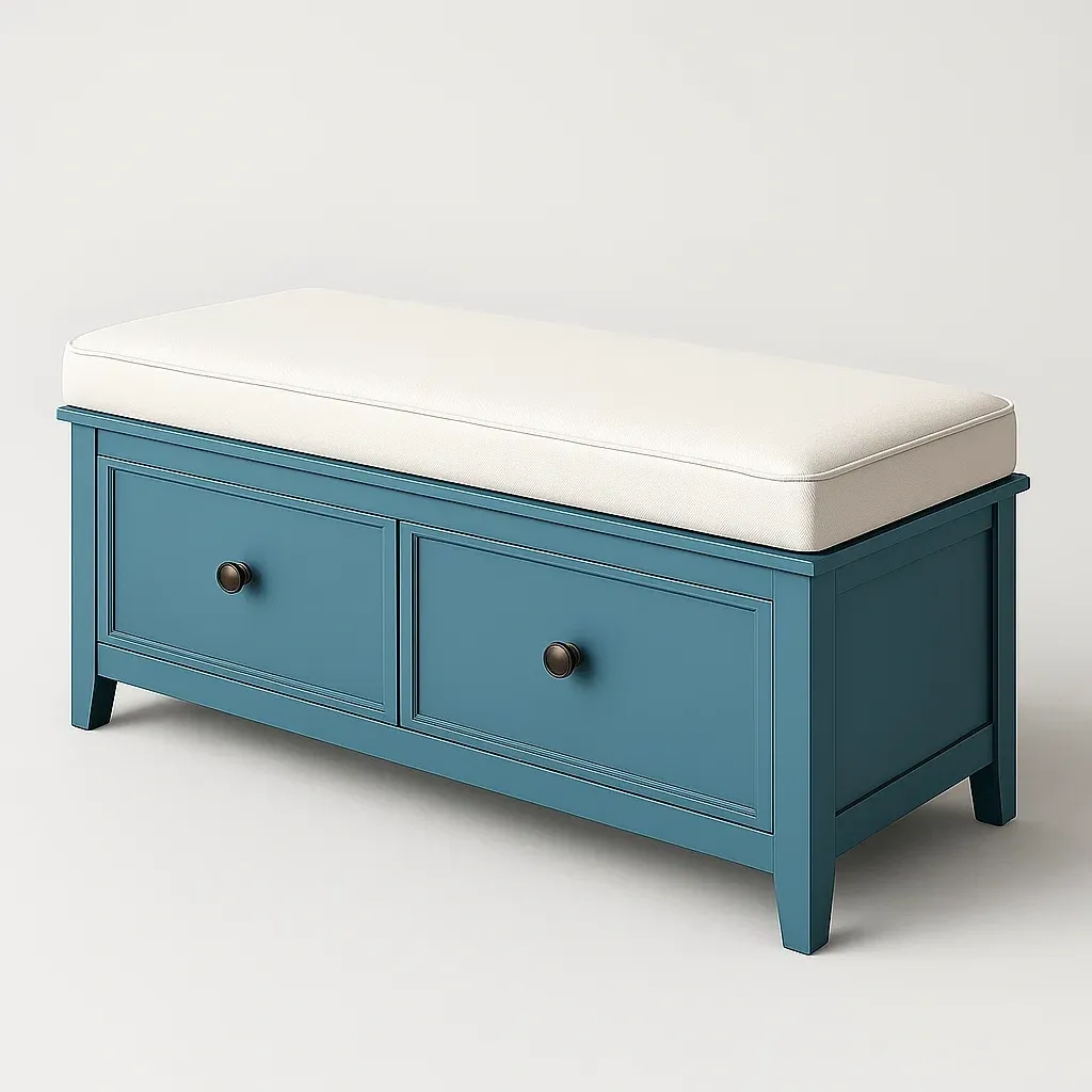 Panca da ingresso in legno MDF blu con cuscino in tessuto bianco