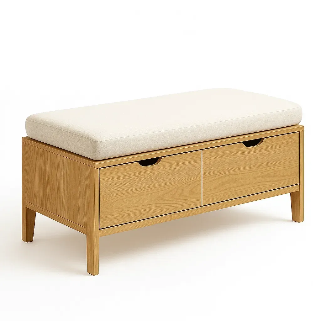 Panca da ingresso in rovere con cuscino in poliestere beige