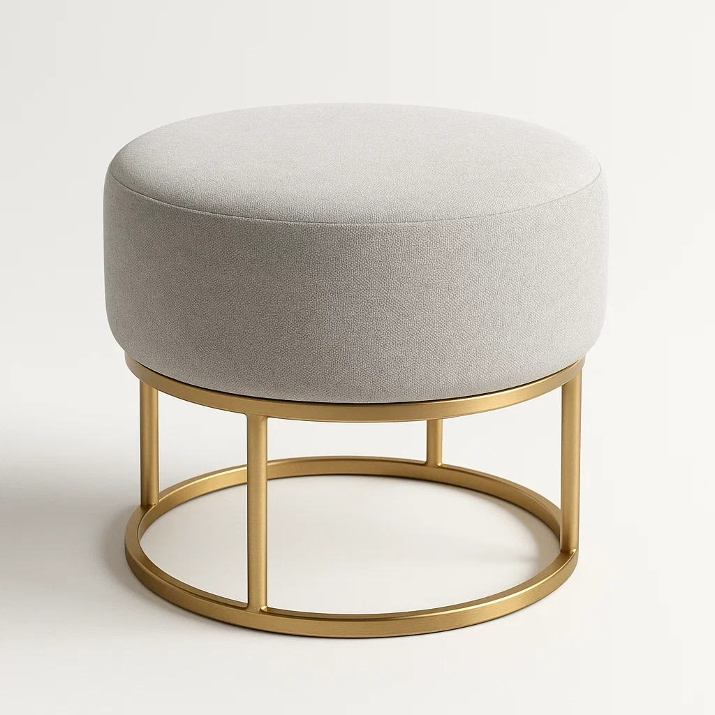 Sgabello rotondo in tessuto poliestere grigio con base in metallo oro