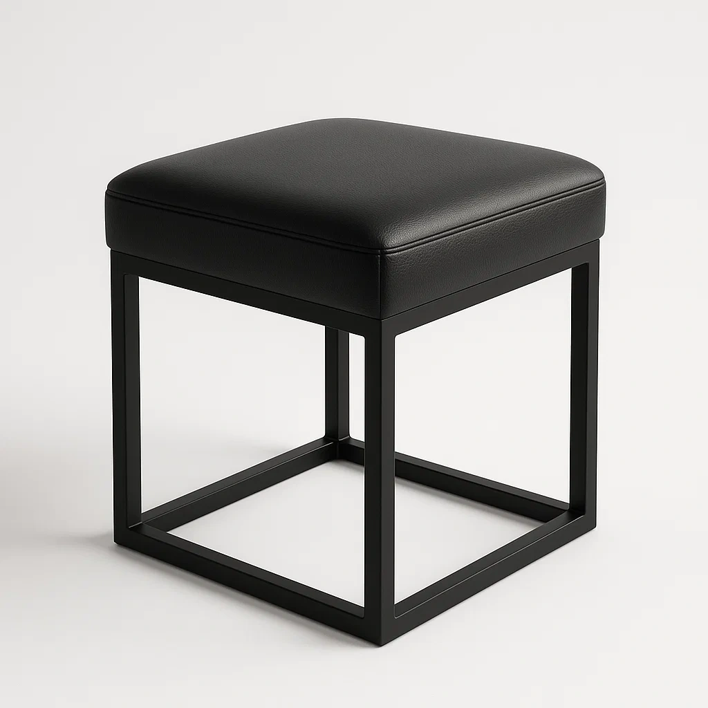 Sgabello in metallo e similpelle nera, 40 × 40 × 45 cm