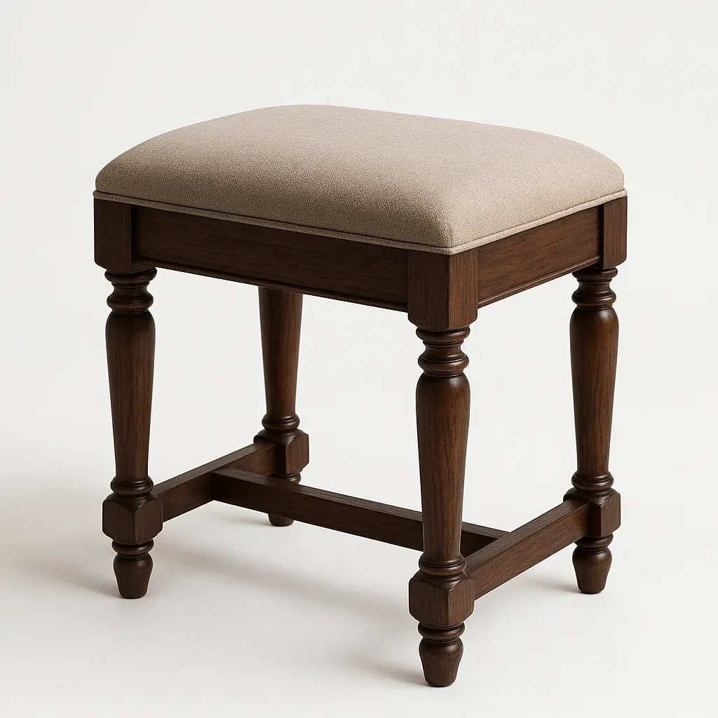 Sgabello in legno massello e tessuto poliestere beige, 45 × 35 × 35 cm