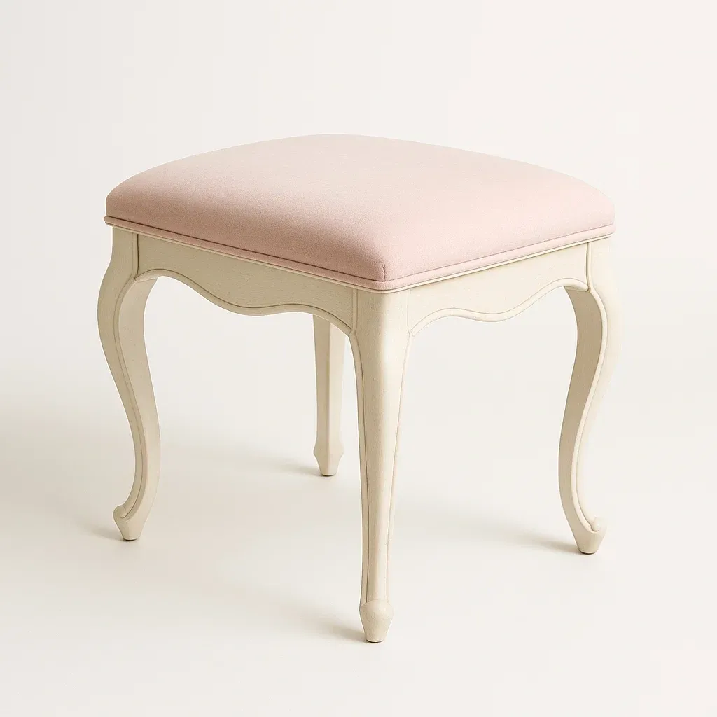 Sgabello in legno con seduta in cotone rosa