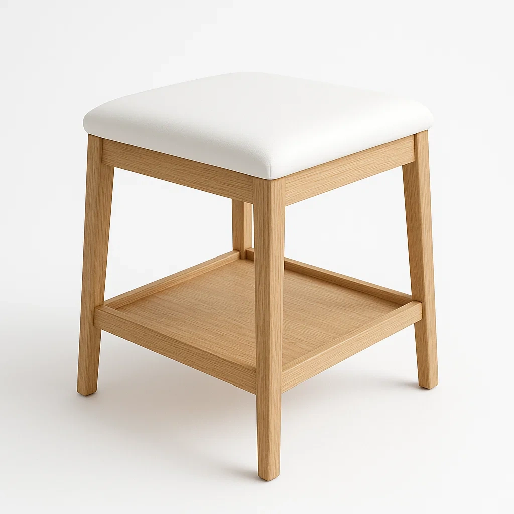 Sgabello quadrato in legno con seduta in similpelle bianca
