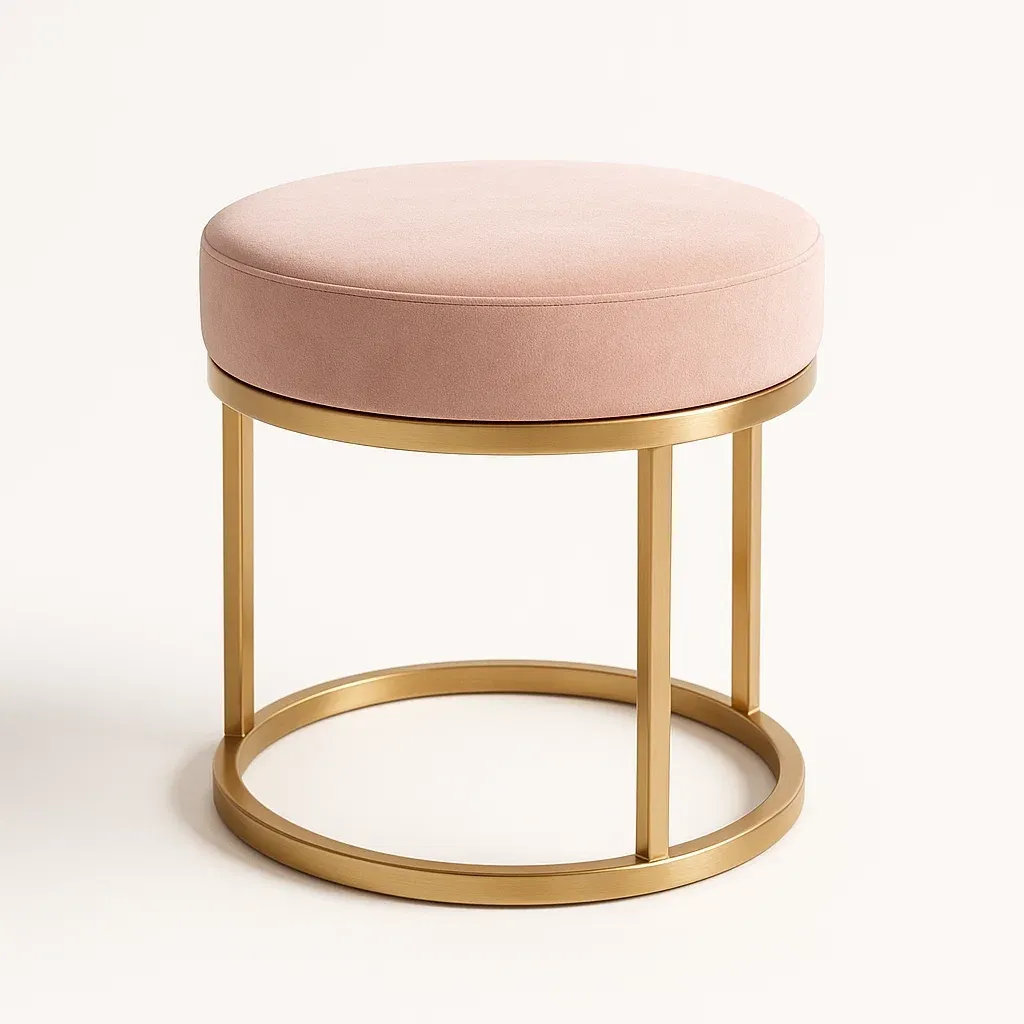 Sgabello rotondo in velluto rosa con struttura in acciaio dorato