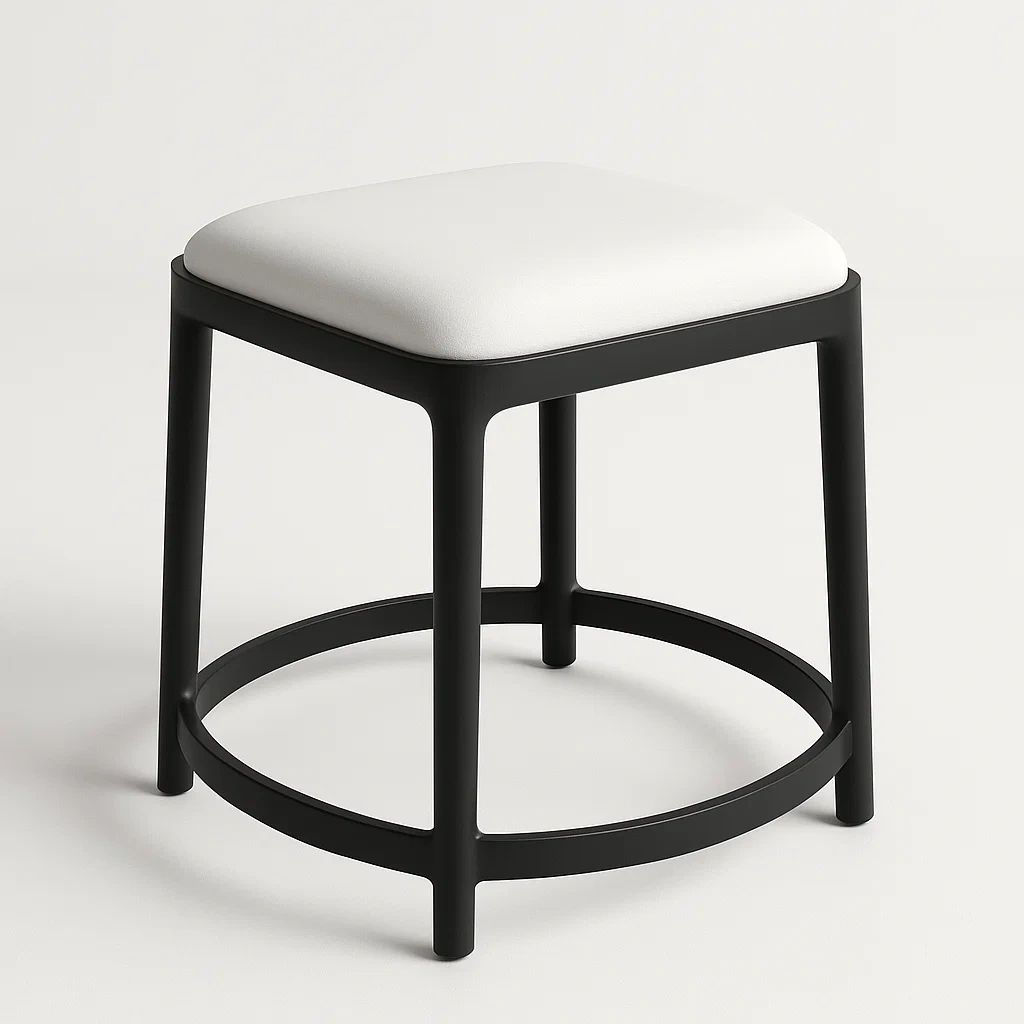 Sgabello quadrato in metallo nero e tessuto bianco