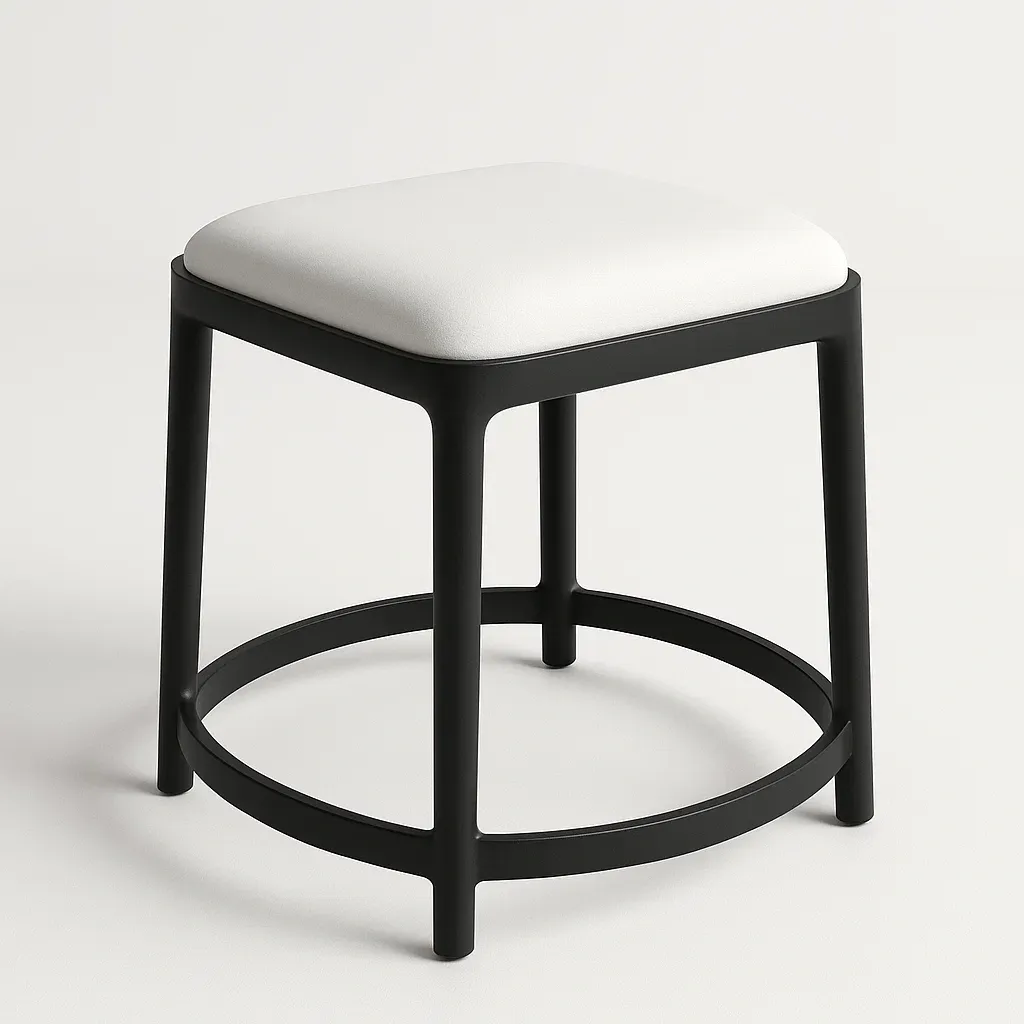Sgabello quadrato in metallo nero e tessuto bianco