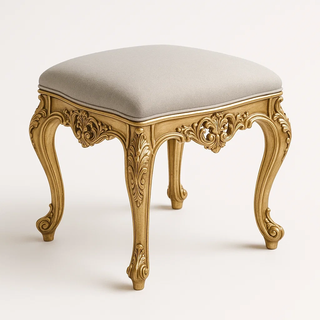 Sgabello in legno intagliato e tessuto grigio, 42 × 42 × 46 cm