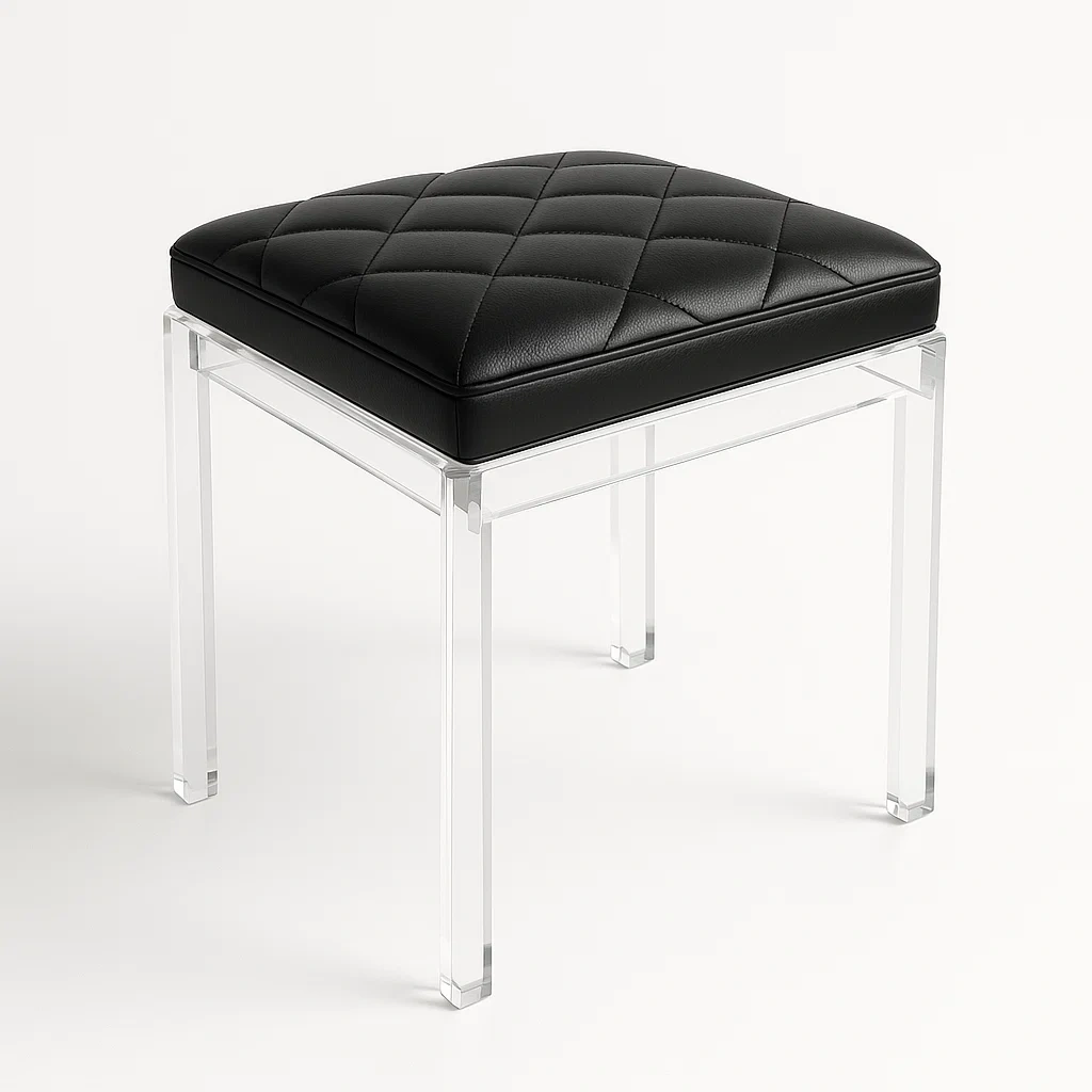 Sgabello quadrato in pelle sintetica nera con gambe in acrilico