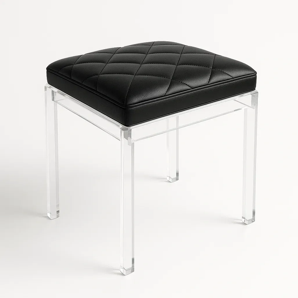 Sgabello quadrato in pelle sintetica nera con gambe in acrilico