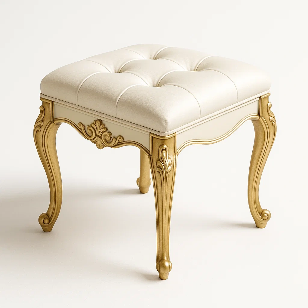 Sgabello quadrato in PU crema con gambe in legno dorato, 43 × 43 × 48 cm