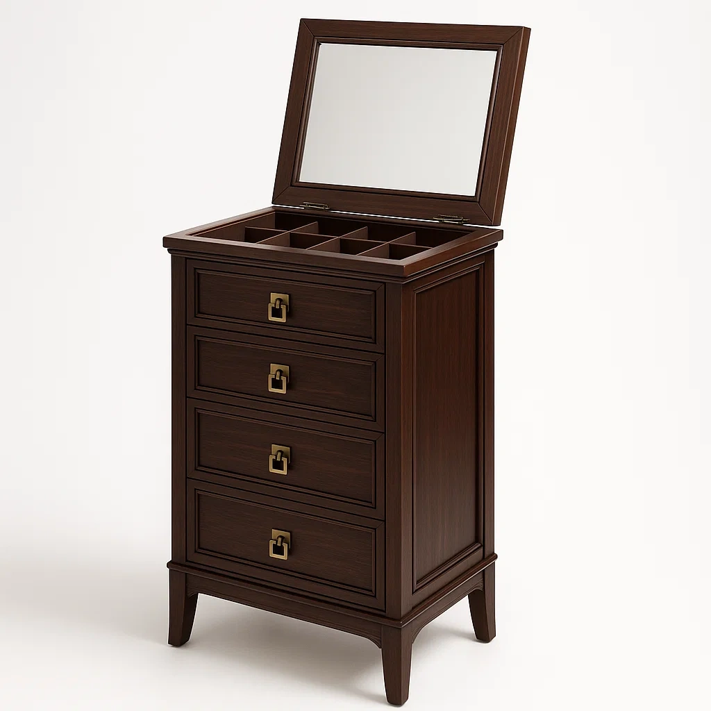 Armadio gioielli in legno scuro con specchio e scomparti