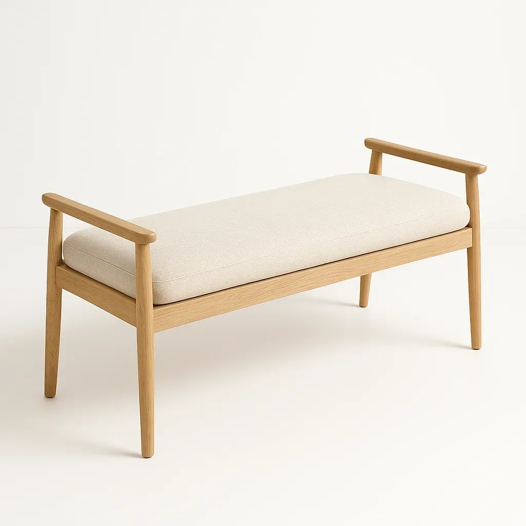 Sedile camera da letto in legno con braccioli e tessuto beige