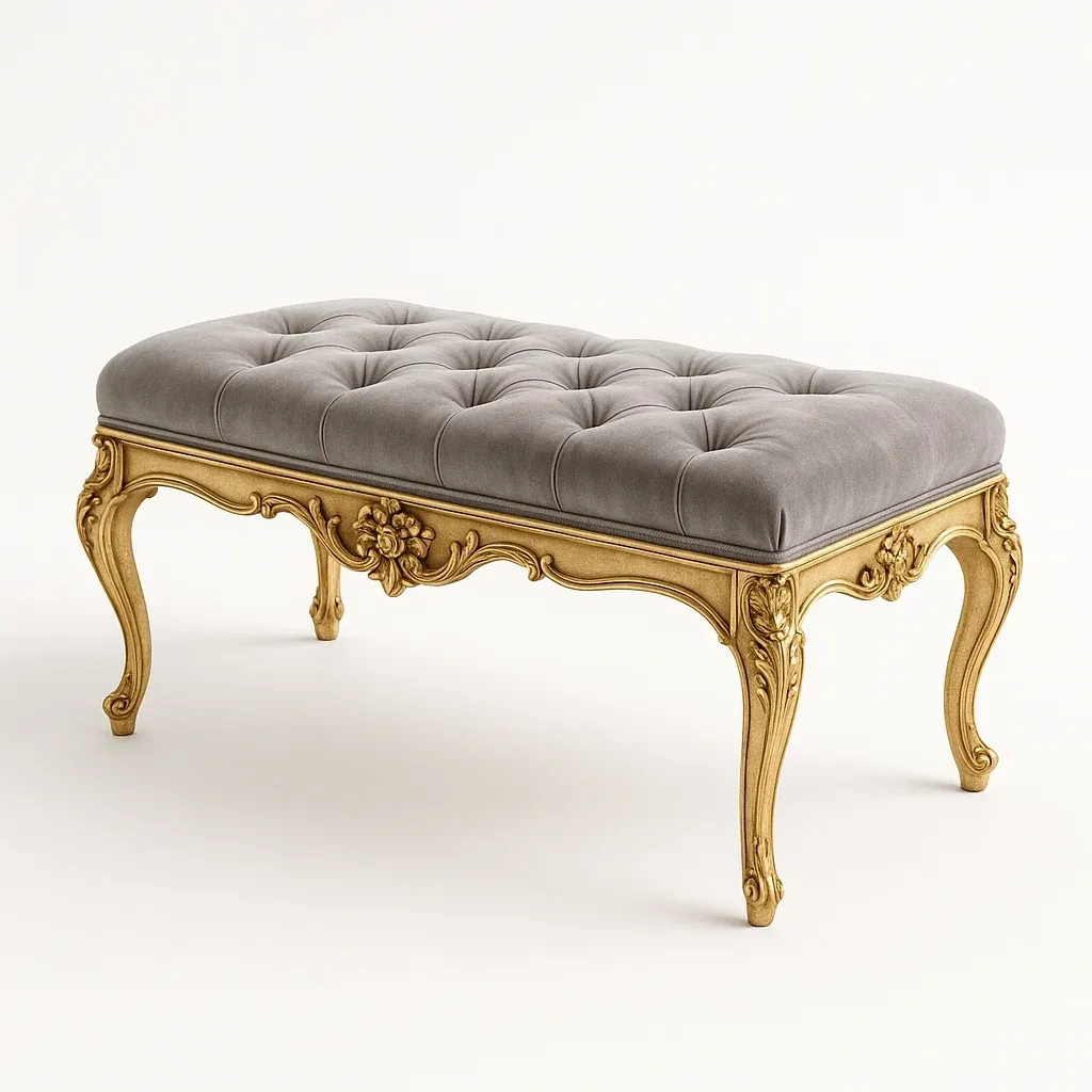 Sedile camera da letto in velluto grigio con gambe in legno dorato