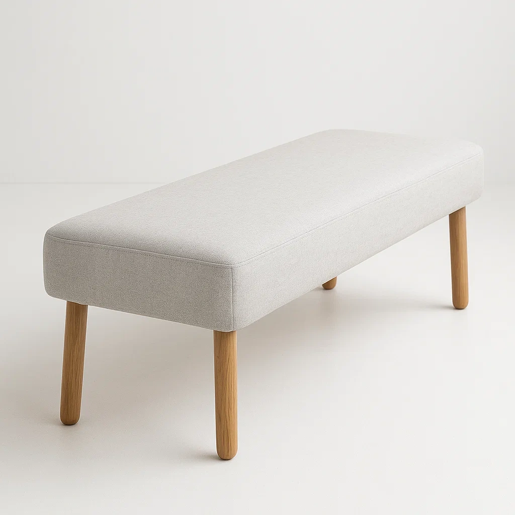 Sedile camera da letto in tessuto poliestere grigio chiaro con gambe in legno di quercia