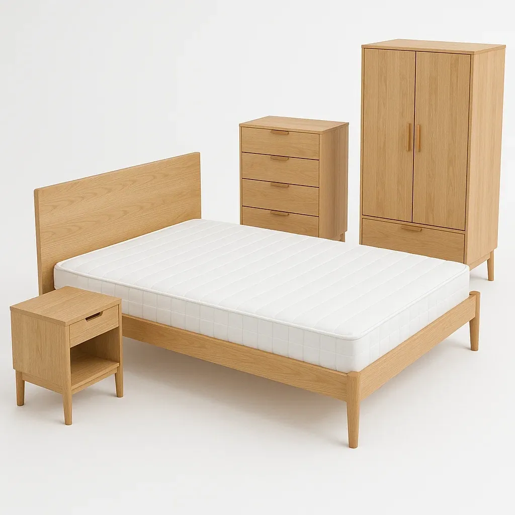 Set mobili camera da letto in legno di quercia con letto matrimoniale, comodino, armadio e cassettiera