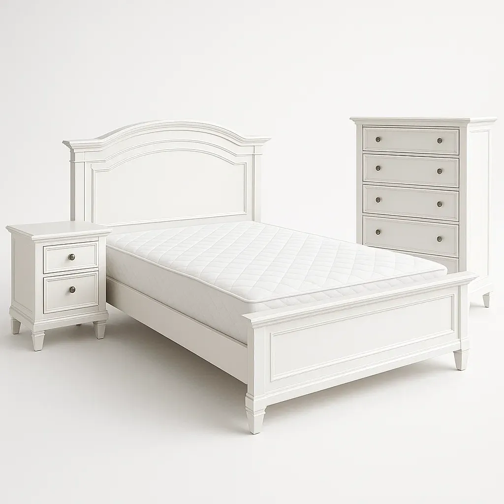 Set mobili camera da letto in legno bianco con letto matrimoniale, comodino e cassettiera