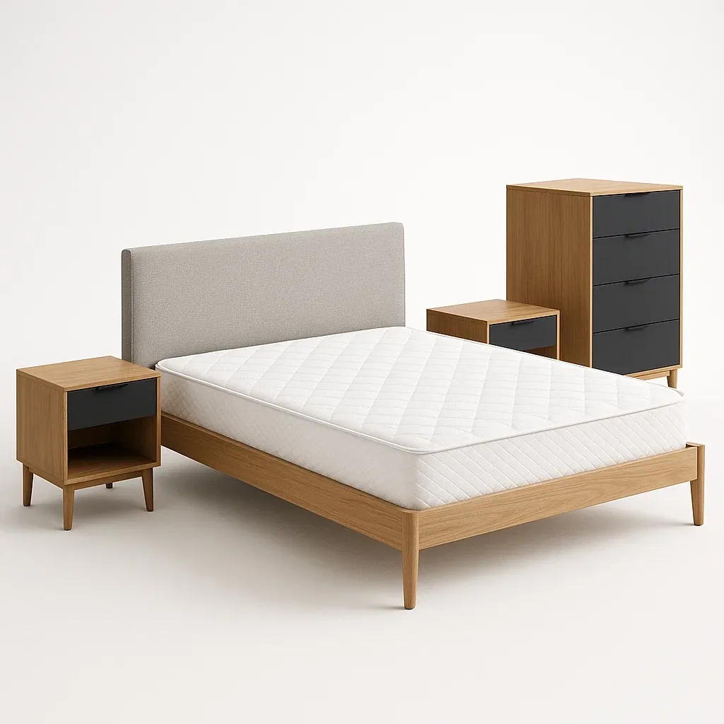 Set mobili camera da letto in legno con testiera in tessuto, comodini e cassettiera