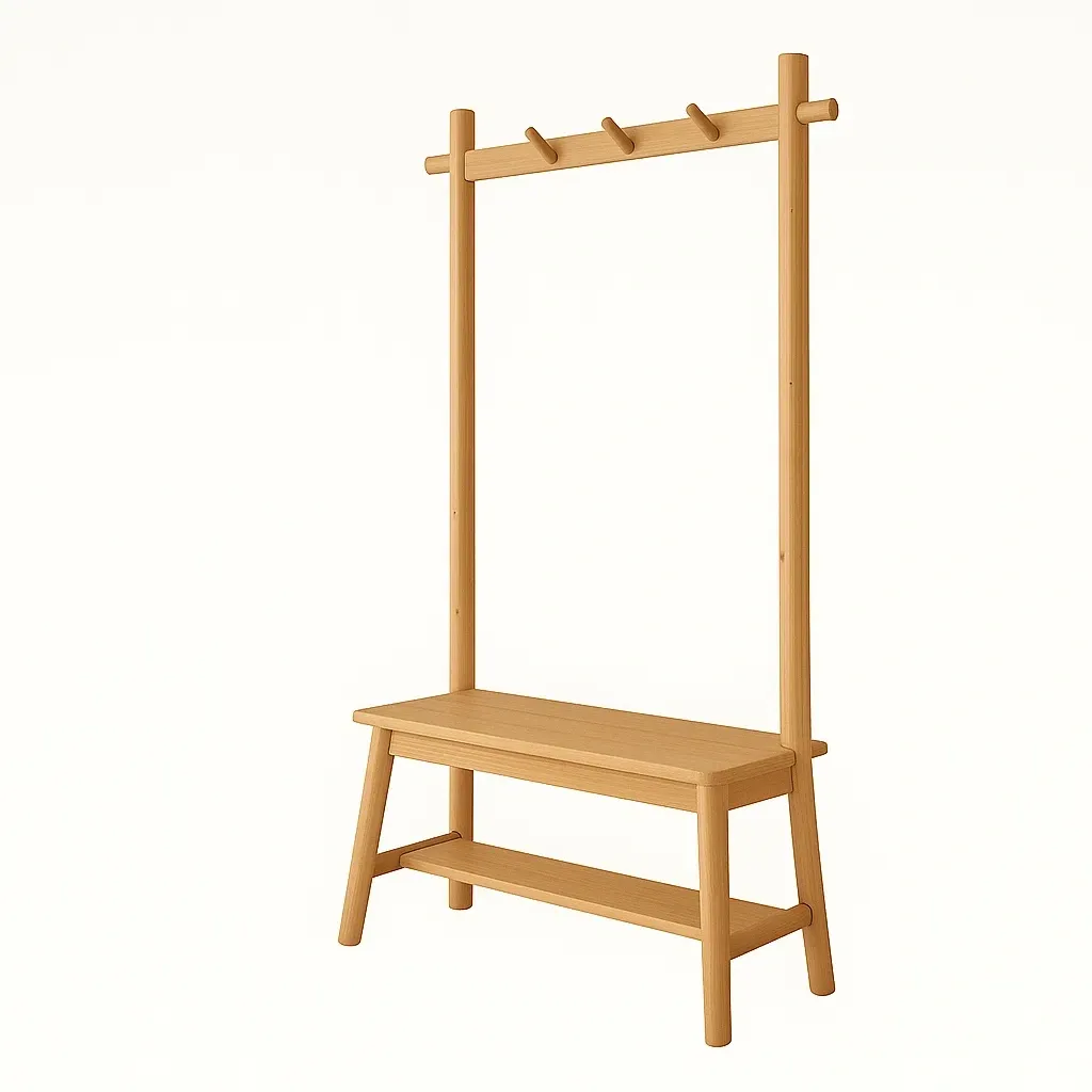 Appendiabiti in legno massello con panca e ripiano