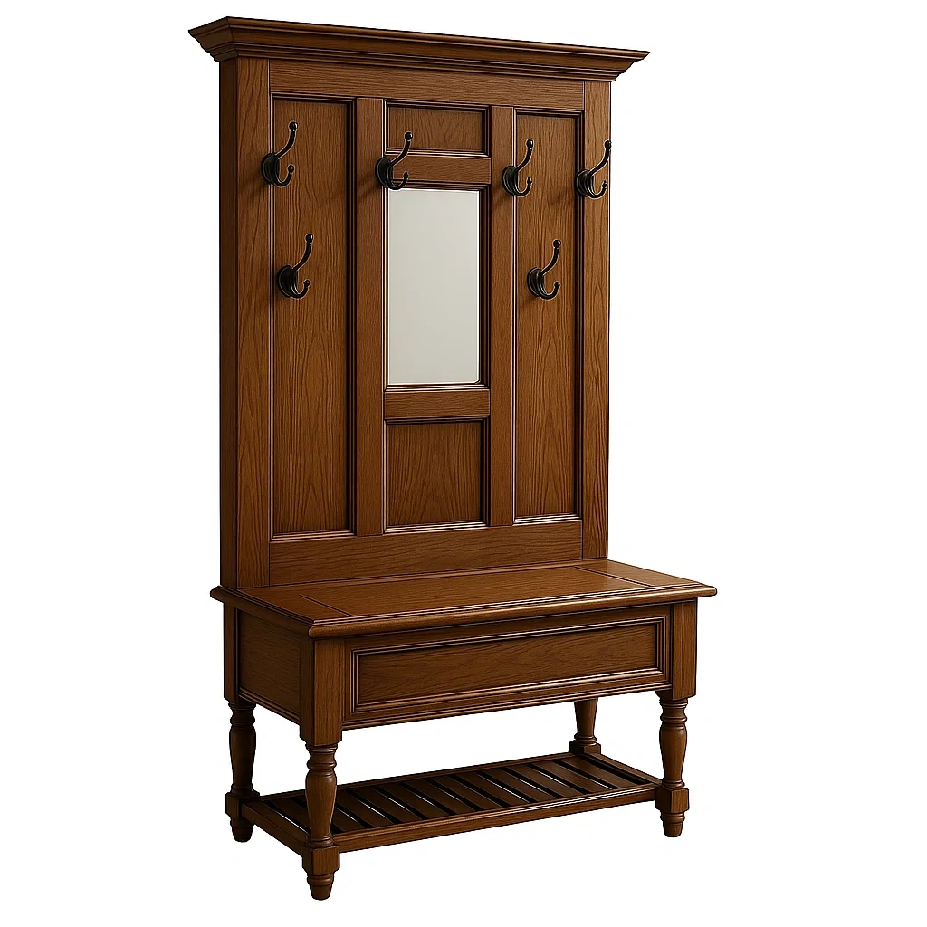 Appendiabiti in legno massello di noce con specchio e 6 ganci