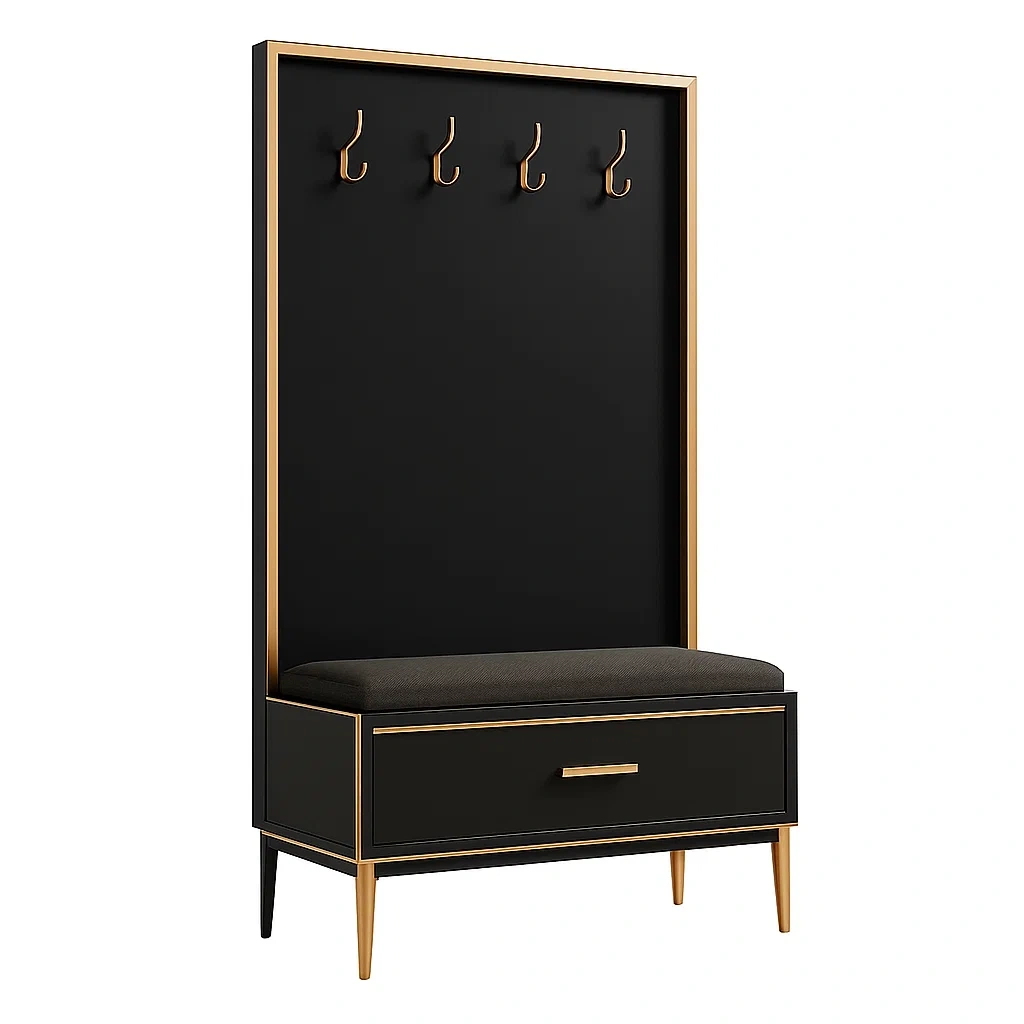 Appendiabiti con panca portaoggetti in legno e metallo nero