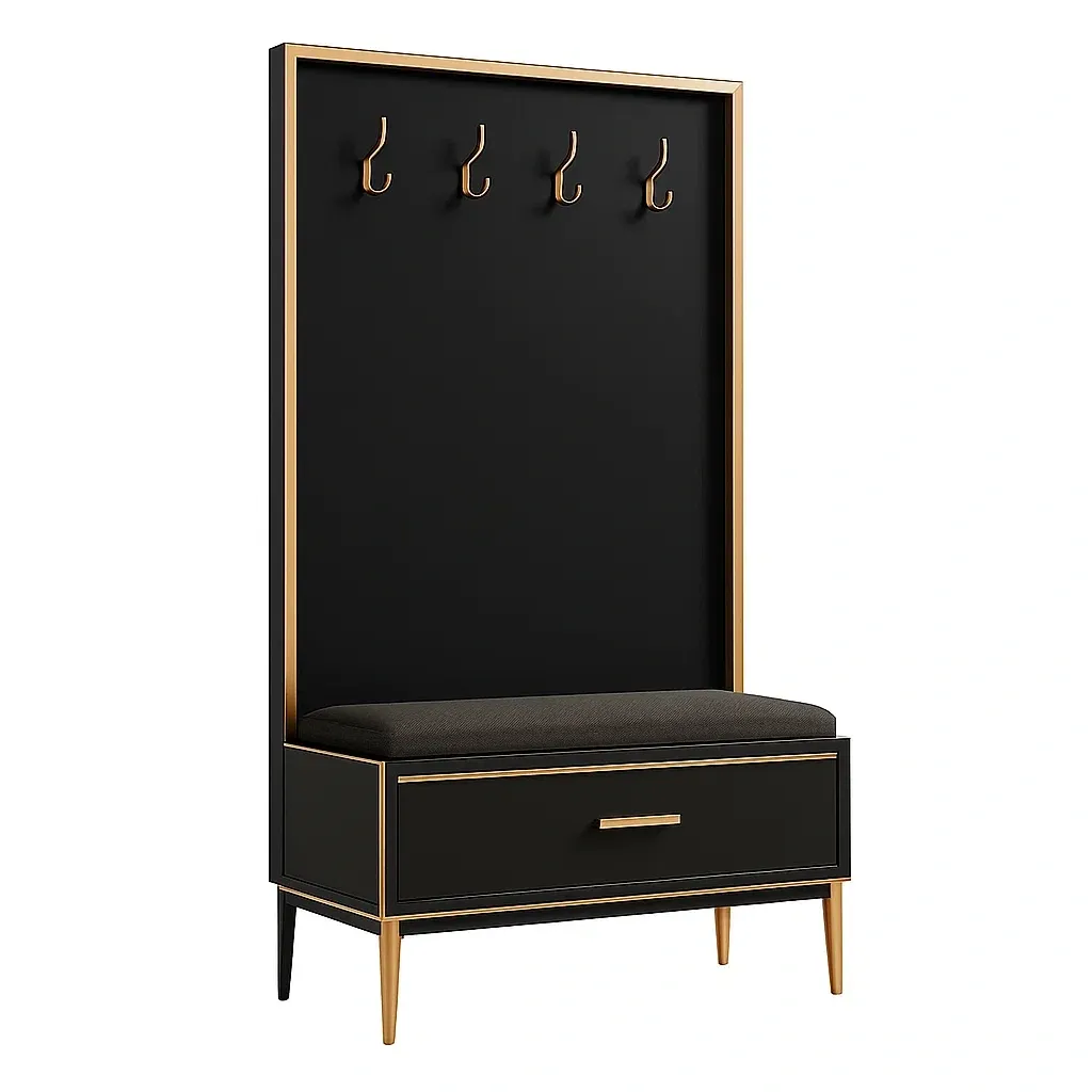 Appendiabiti con panca portaoggetti in legno e metallo nero