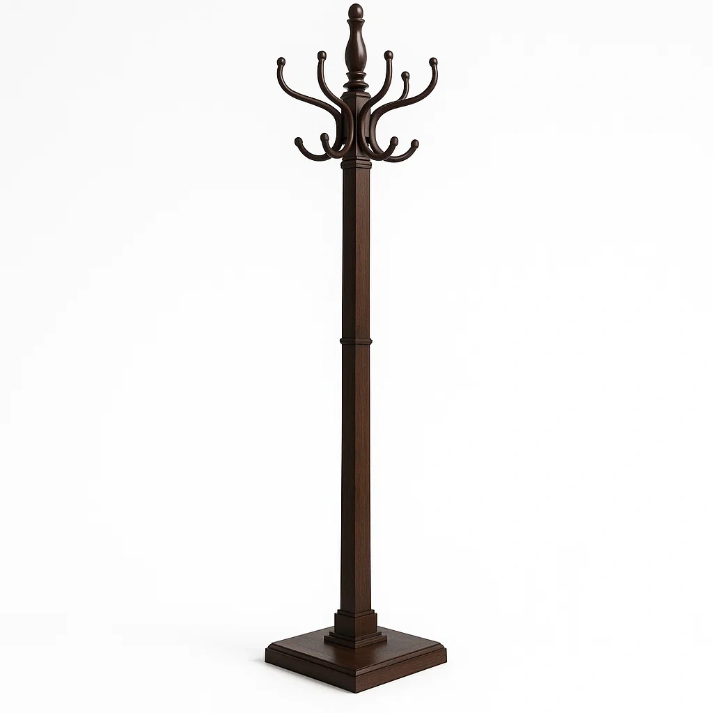 Appendiabiti in legno massello con base quadrata e ganci marrone