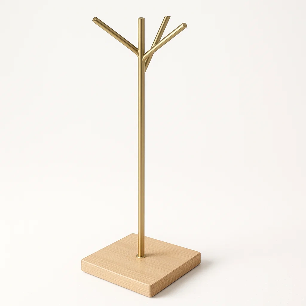 Appendiabiti da tavolo in metallo con base in legno oro
