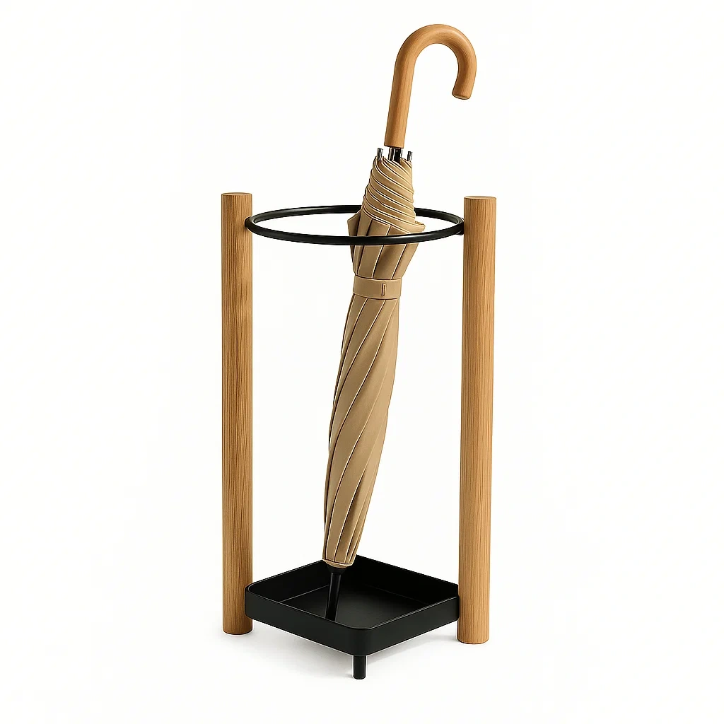 Portaombrelli in metallo e legno con base quadrata